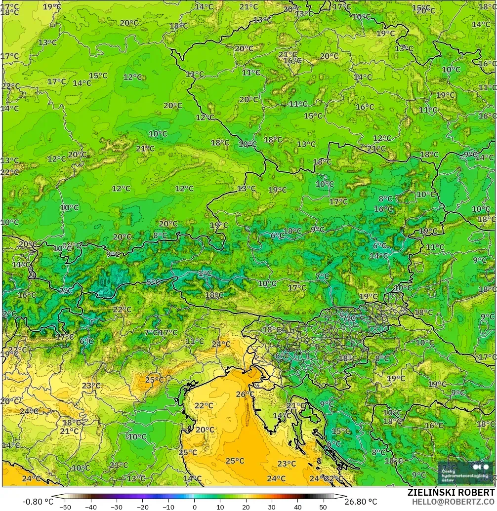 ALADIN CZ 2.3 km model - Austria, Dewpoint at 2m