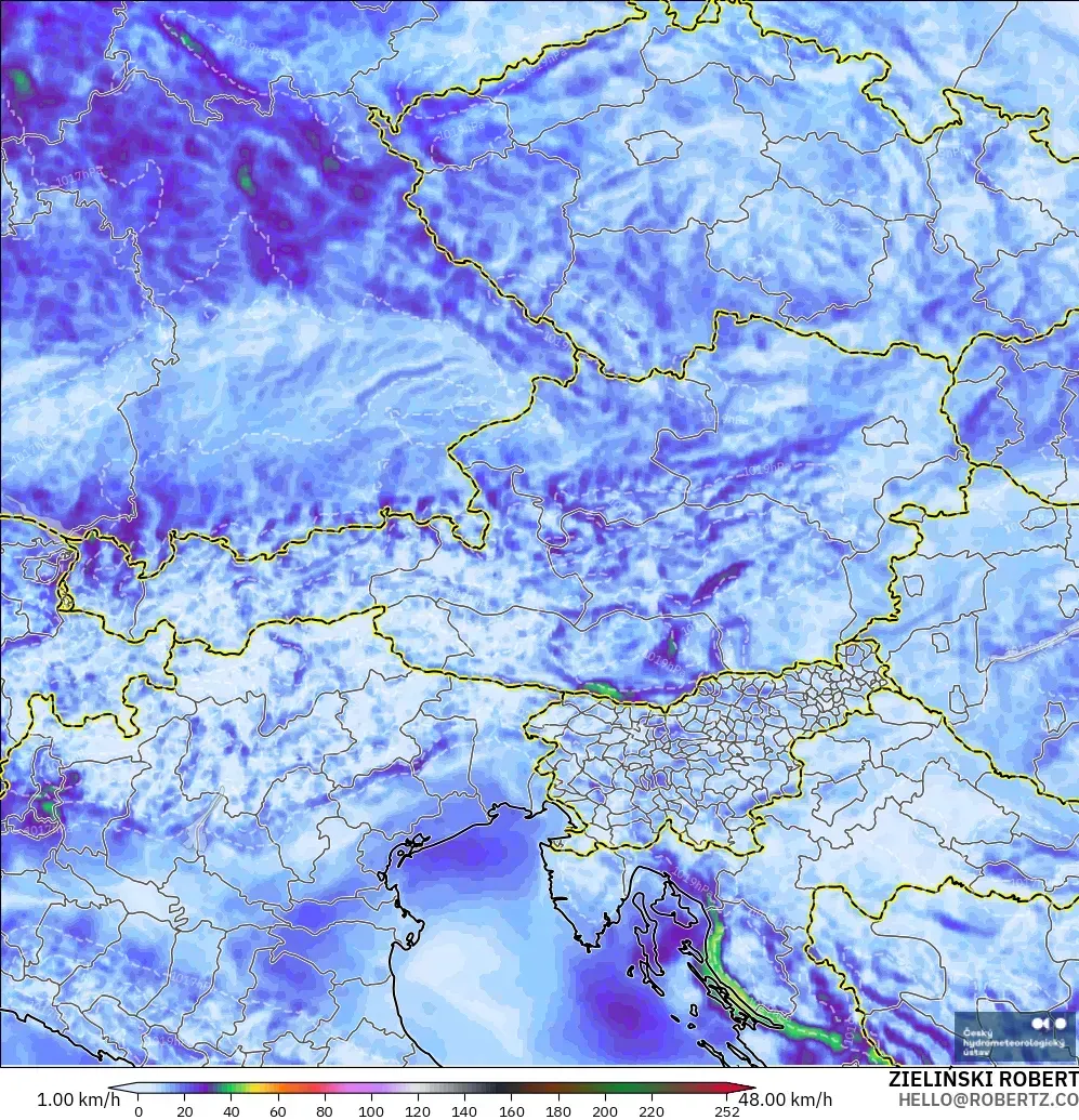 ALADIN CZ 2.3 km model - Austria, Wind Gusts Peak