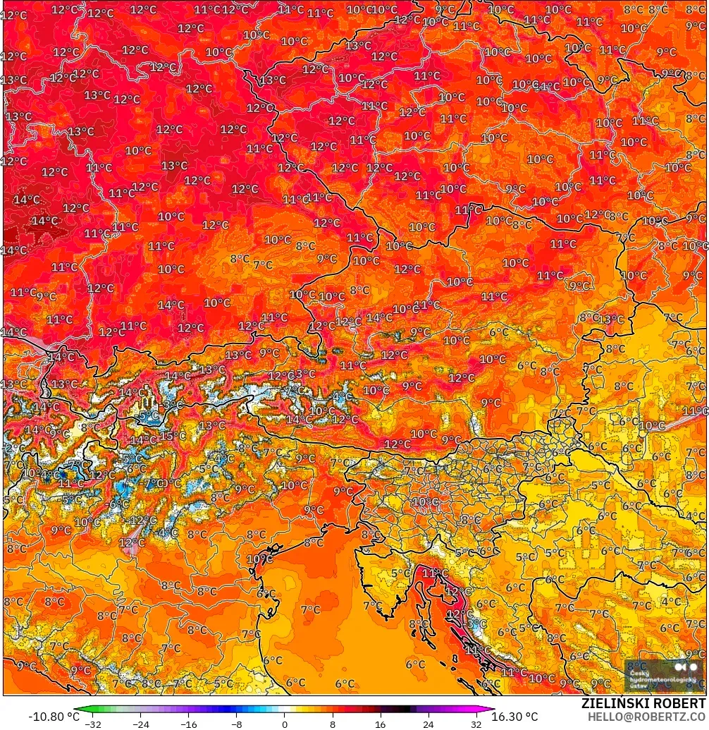 ALADIN CZ 2.3 km model - Austria, Temperature at 2m Anomaly