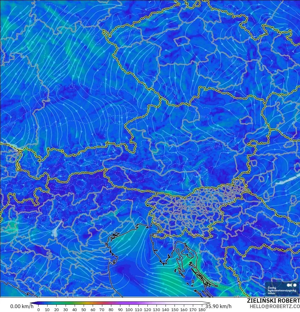 ALADIN CZ 2.3 km model - Austria, Wind at 10m