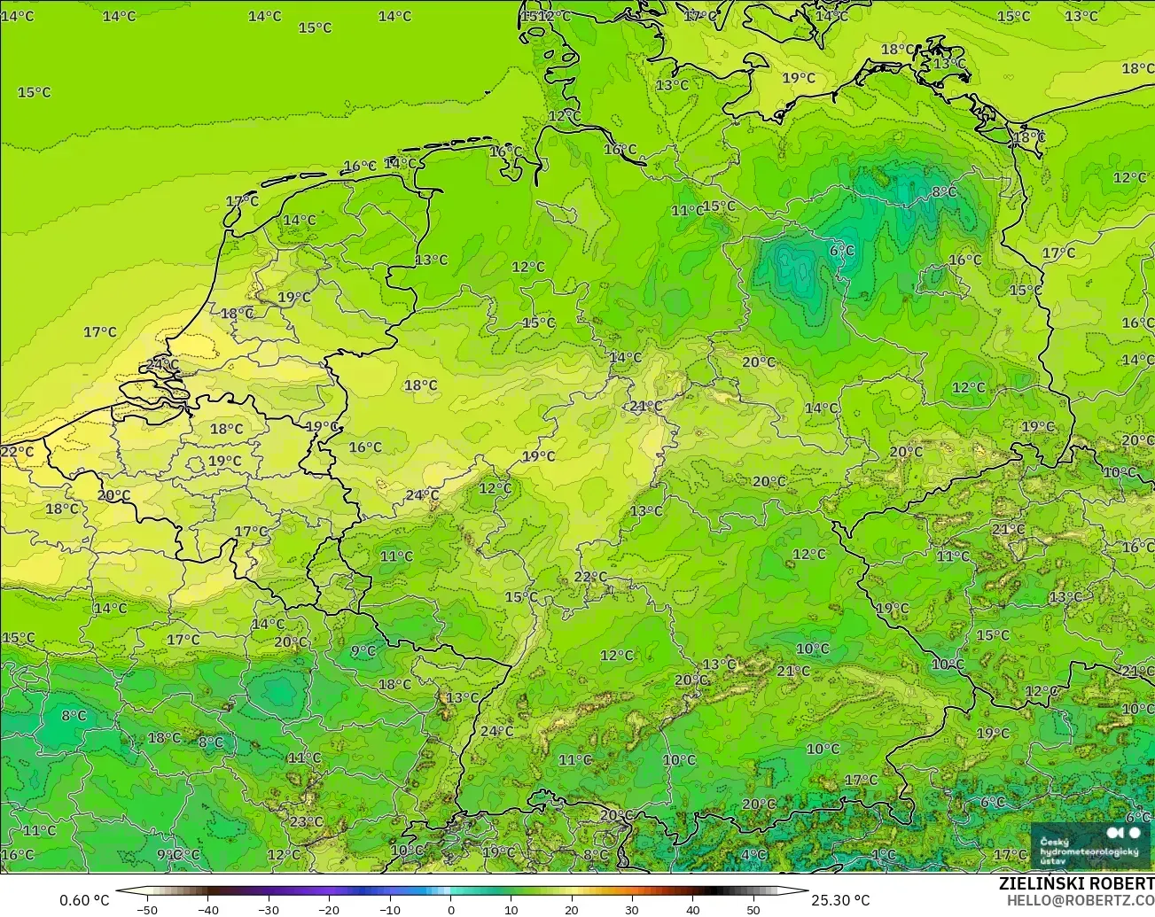 ALADIN CZ 2.3 km model - Germany, Dewpoint at 2m