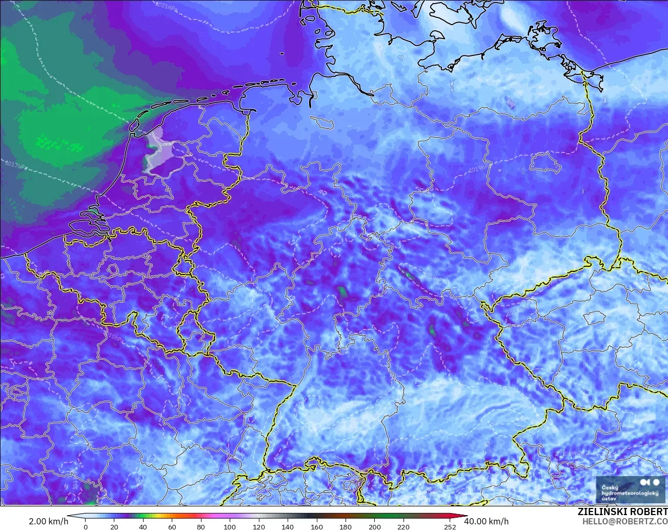 ALADIN CZ 2.3 km model - Germany, Wind Gusts Peak