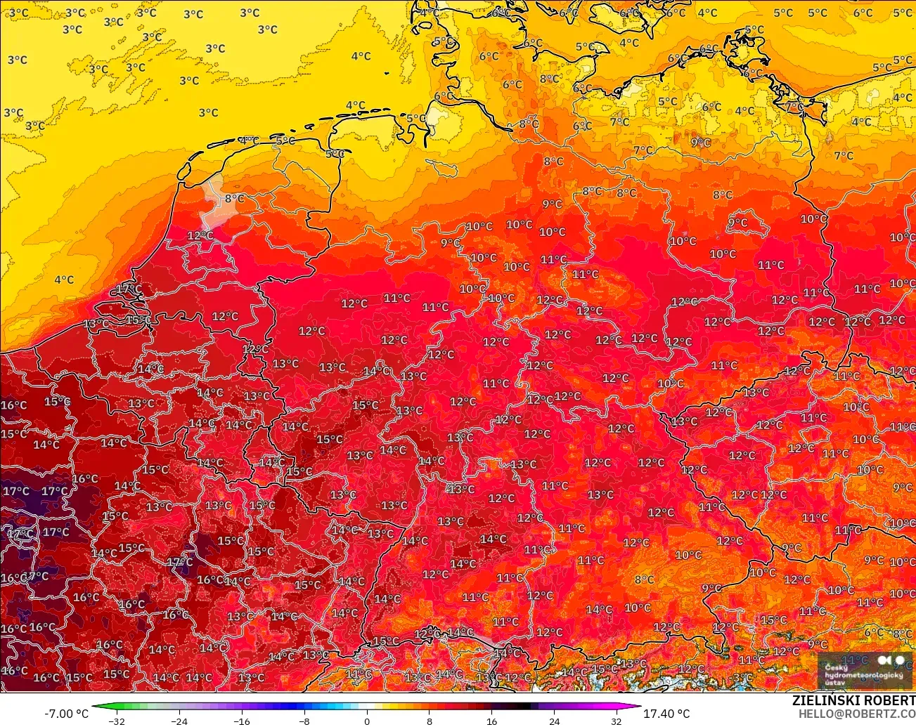 ALADIN CZ 2.3 km model - Germany, Temperature at 2m Anomaly