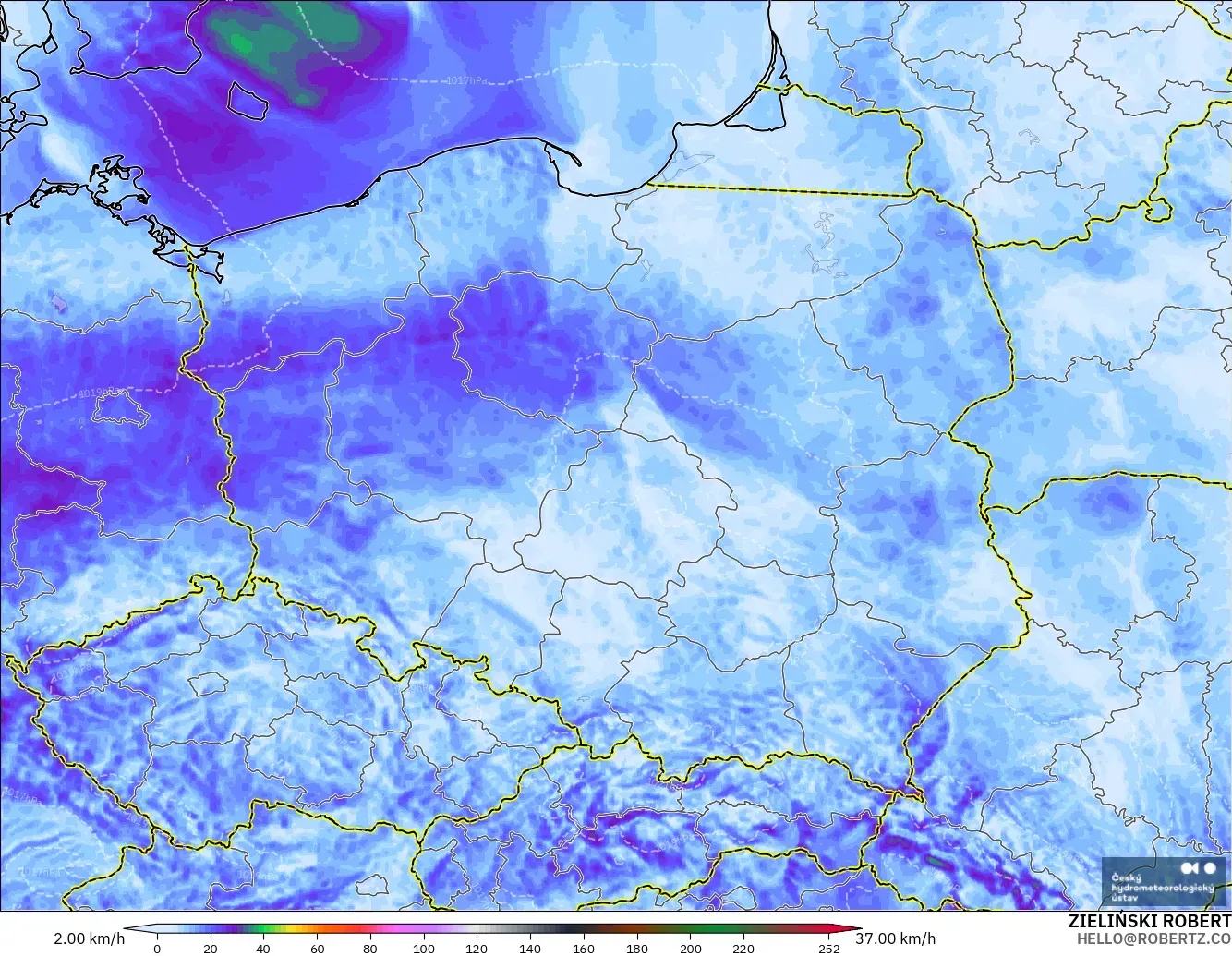 ALADIN CZ 2.3 km model - Poland, Wind Gusts Peak