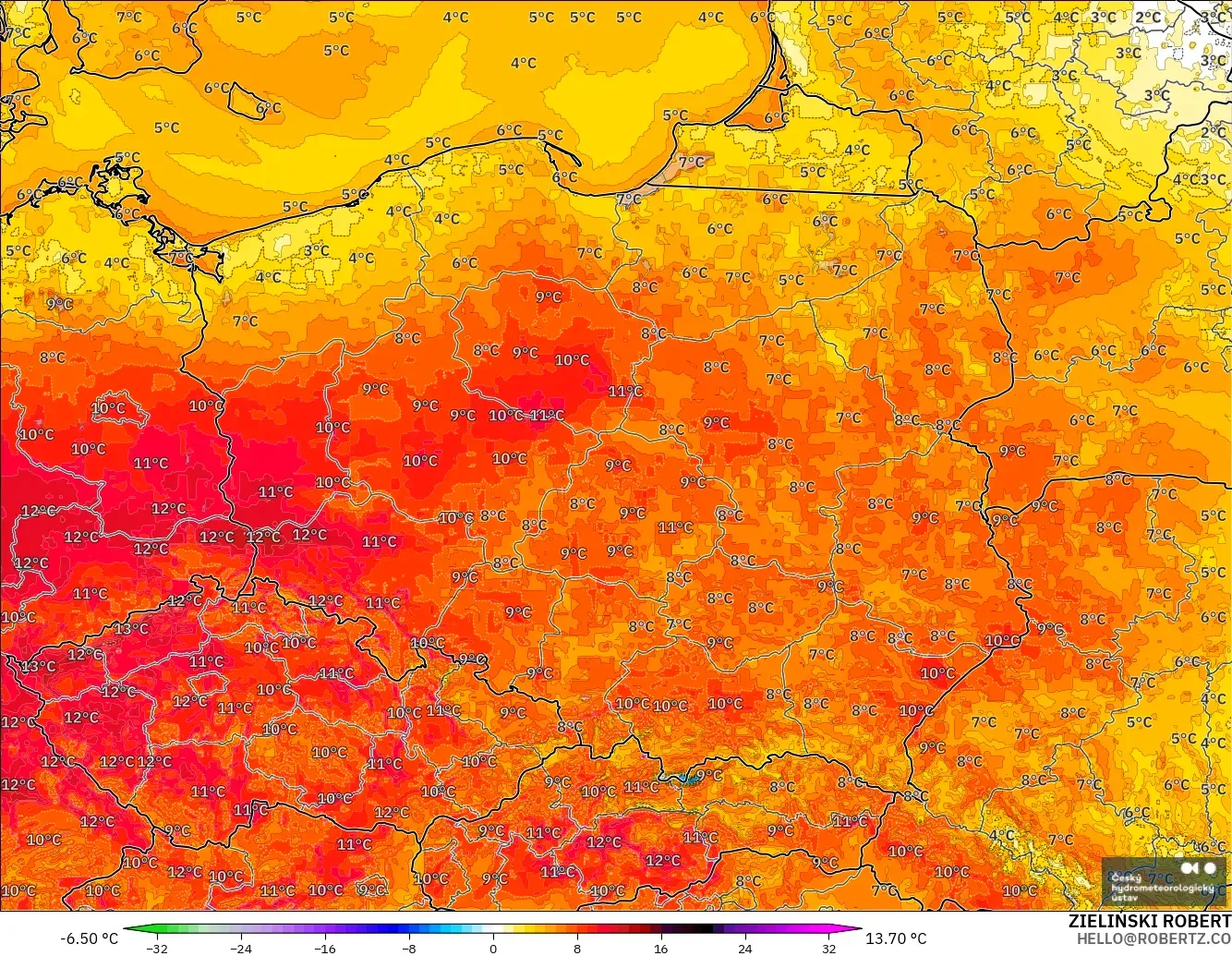 ALADIN CZ 2.3 km model - Poland, Temperature at 2m Anomaly