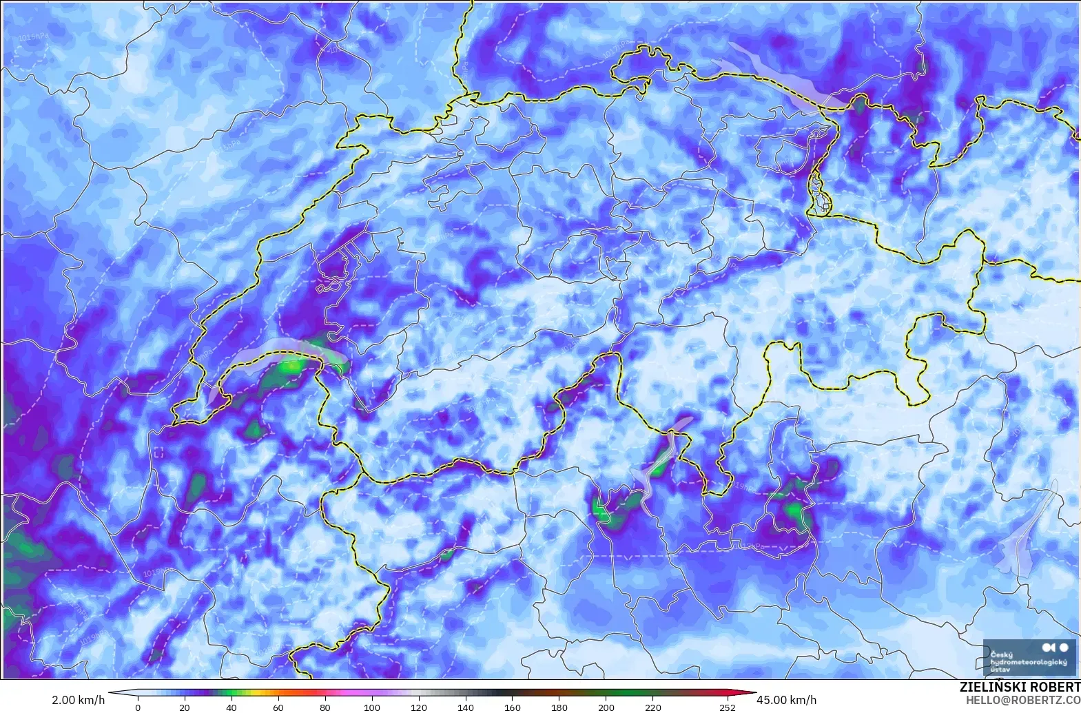 ALADIN CZ 2.3 km model - Switzerland, Wind Gusts Peak