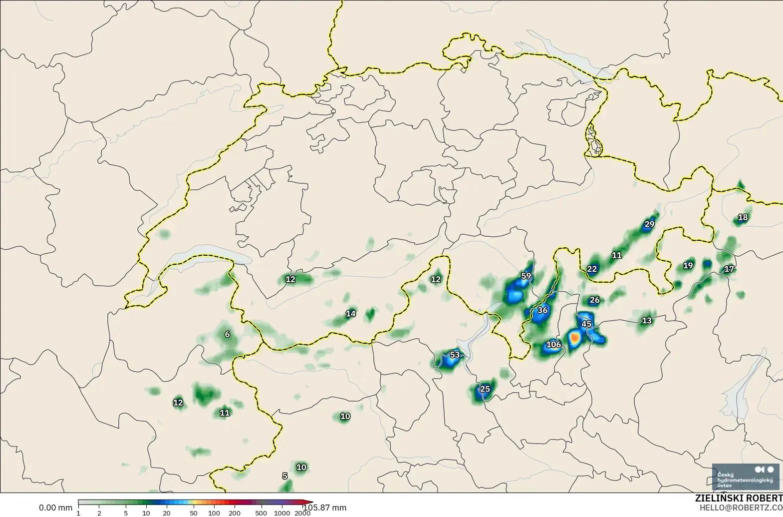 ALADIN CZ 2.3 km model - Switzerland, Precipitation Accumulation