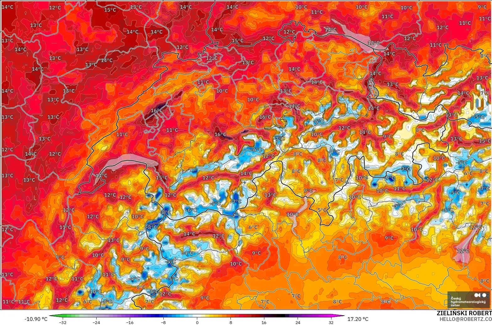 ALADIN CZ 2.3 km model - Switzerland, Temperature at 2m Anomaly