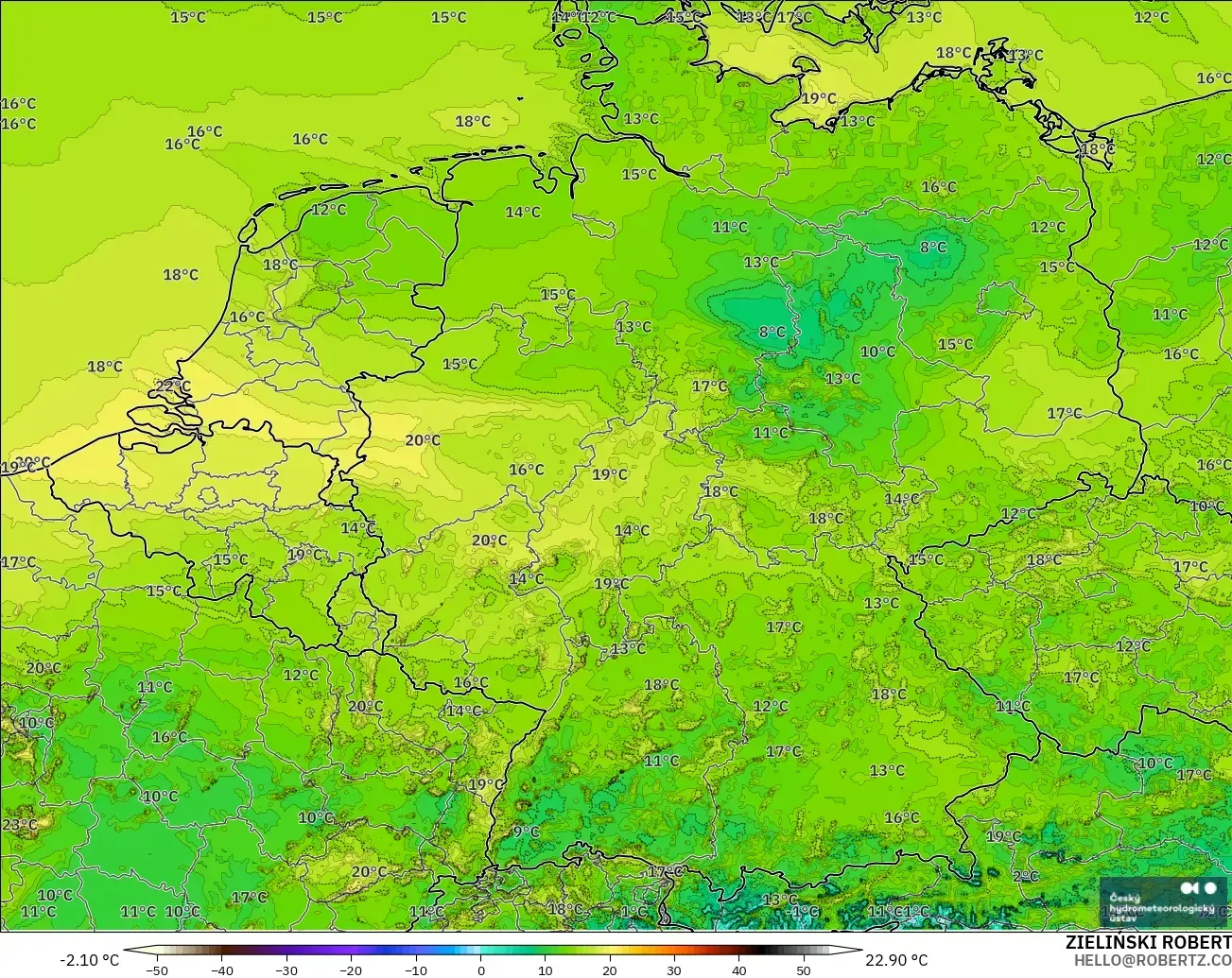 ALADIN CZ 2.3 km model - Germany, Dewpoint at 2m