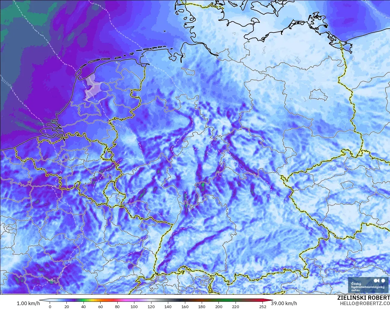 ALADIN CZ 2.3 km model - Germany, Wind Gusts Peak