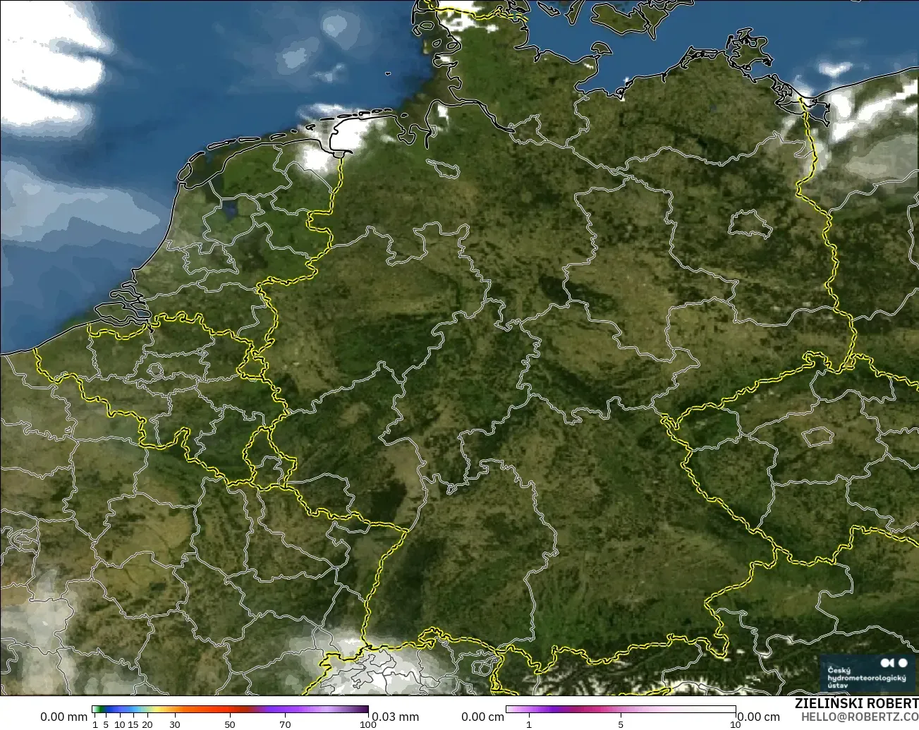 ALADIN CZ 2.3 km model - Germany, Precipitation, Clouds, and Pressure