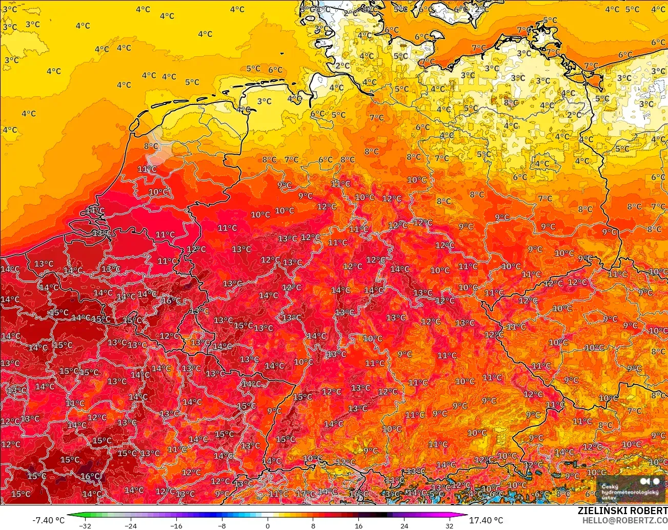 ALADIN CZ 2.3 km model - Germany, Temperature at 2m Anomaly