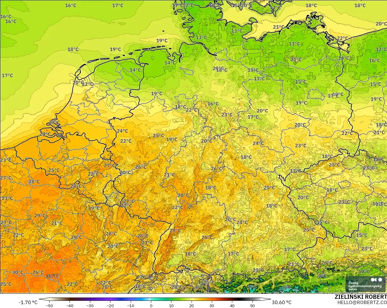 ALADIN CZ 2.3 km model - Germany, Temperature at 2m