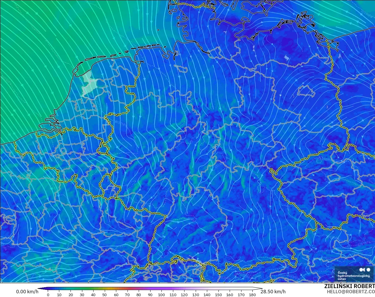 ALADIN CZ 2.3 km model - Germany, Wind at 10m