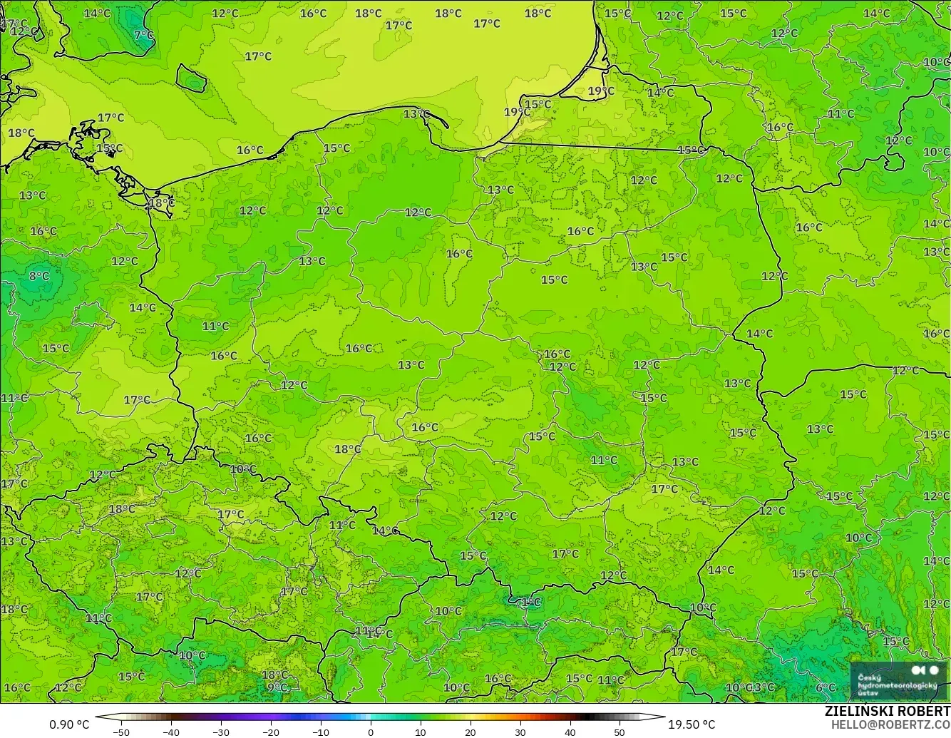 ALADIN CZ 2.3 km model - Poland, Dewpoint at 2m