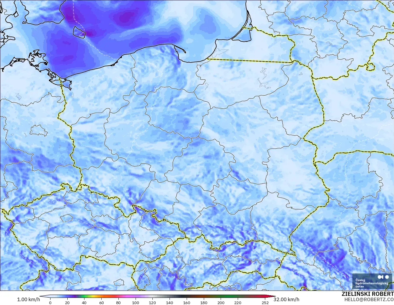 ALADIN CZ 2.3 km model - Poland, Wind Gusts Peak