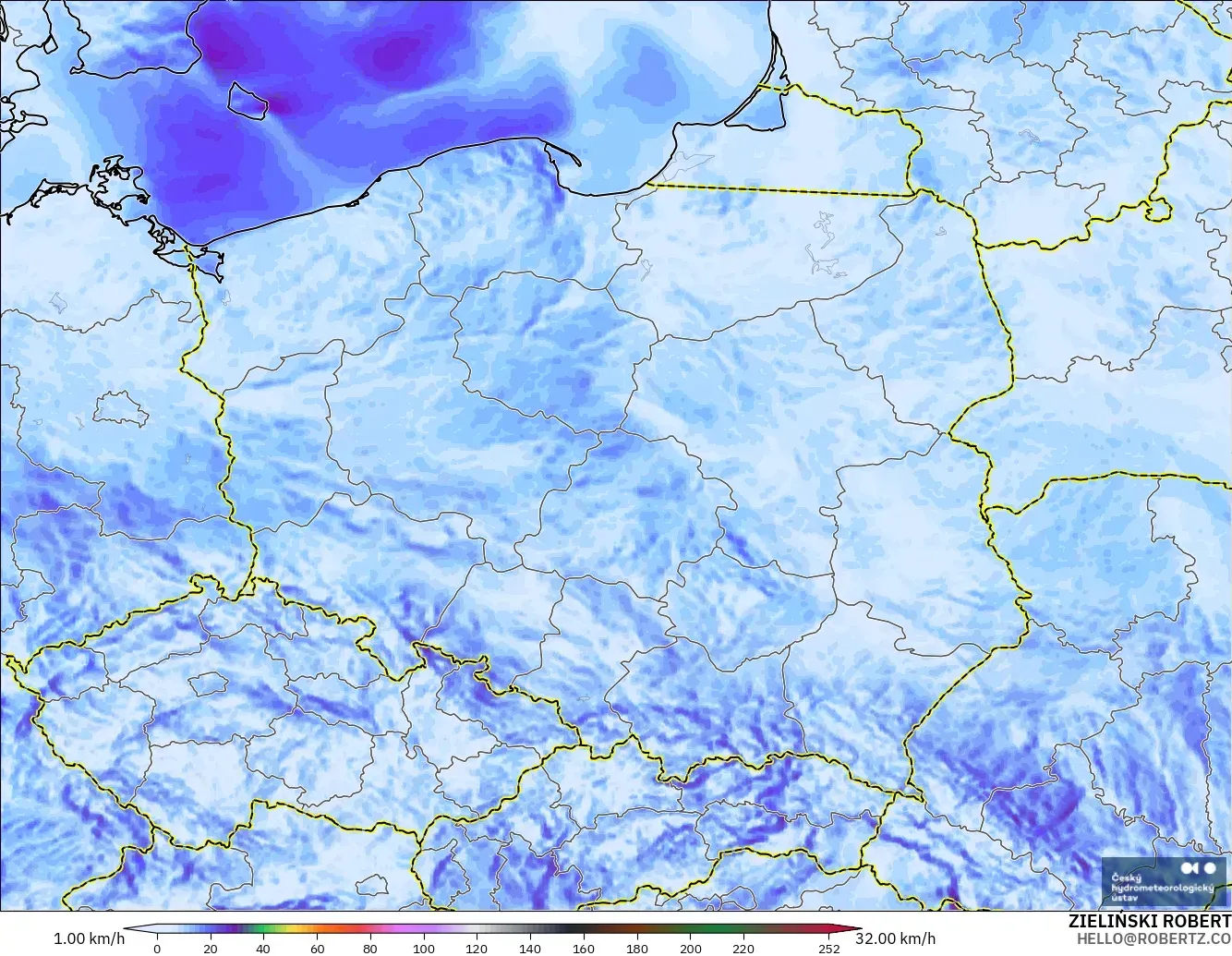 ALADIN CZ 2.3 km model - Poland, Wind Gusts
