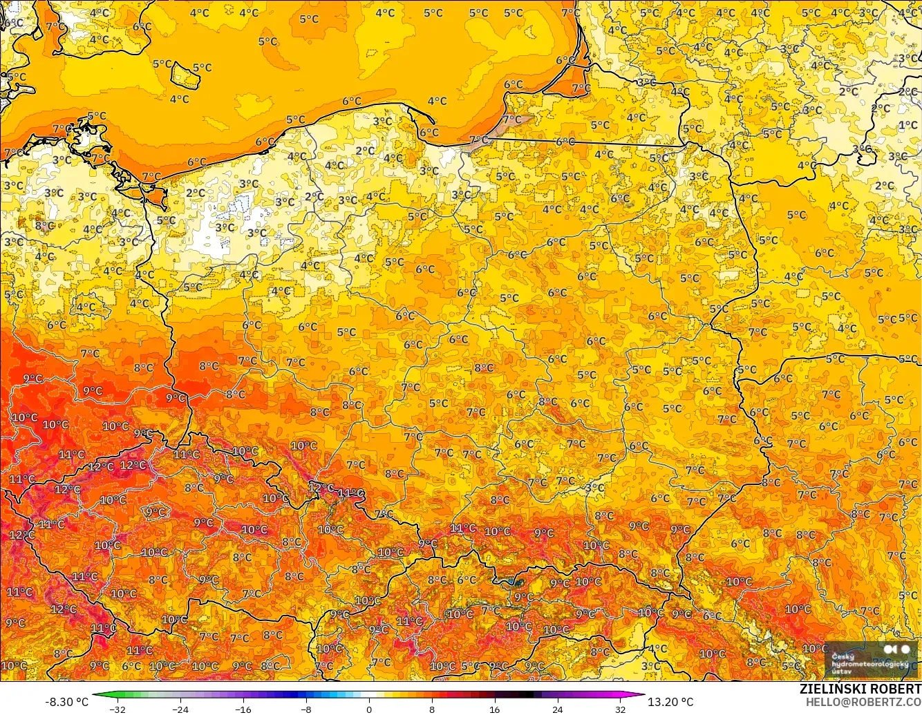 ALADIN CZ 2.3 km model - Poland, Temperature at 2m Anomaly