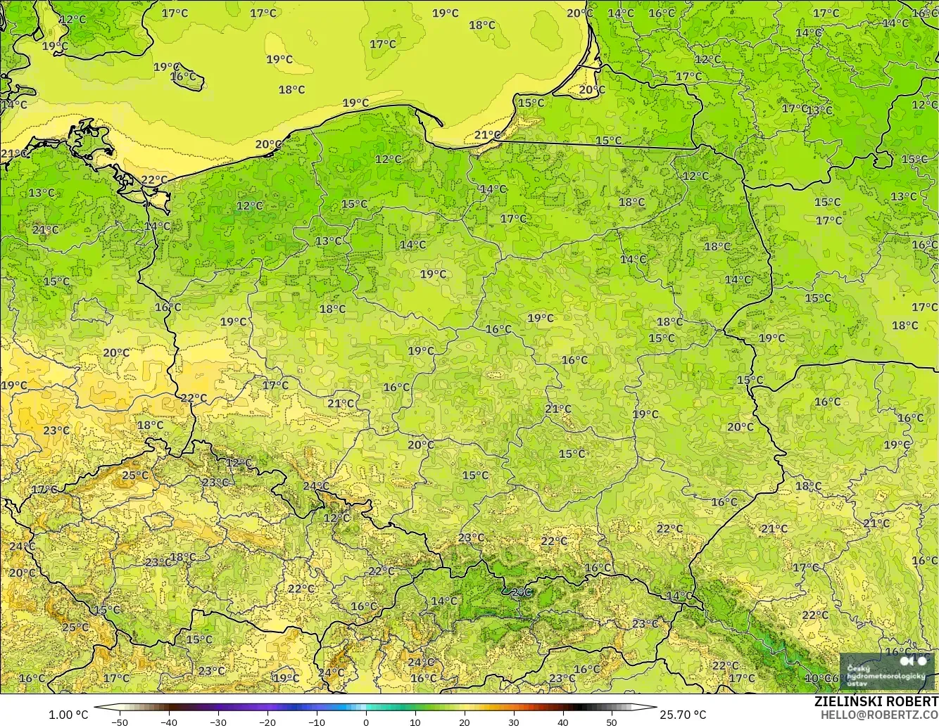 ALADIN CZ 2.3 km model - Poland, Temperature at 2m