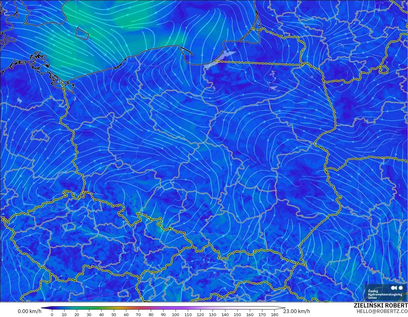 ALADIN CZ 2.3 km model - Poland, Wind at 10m