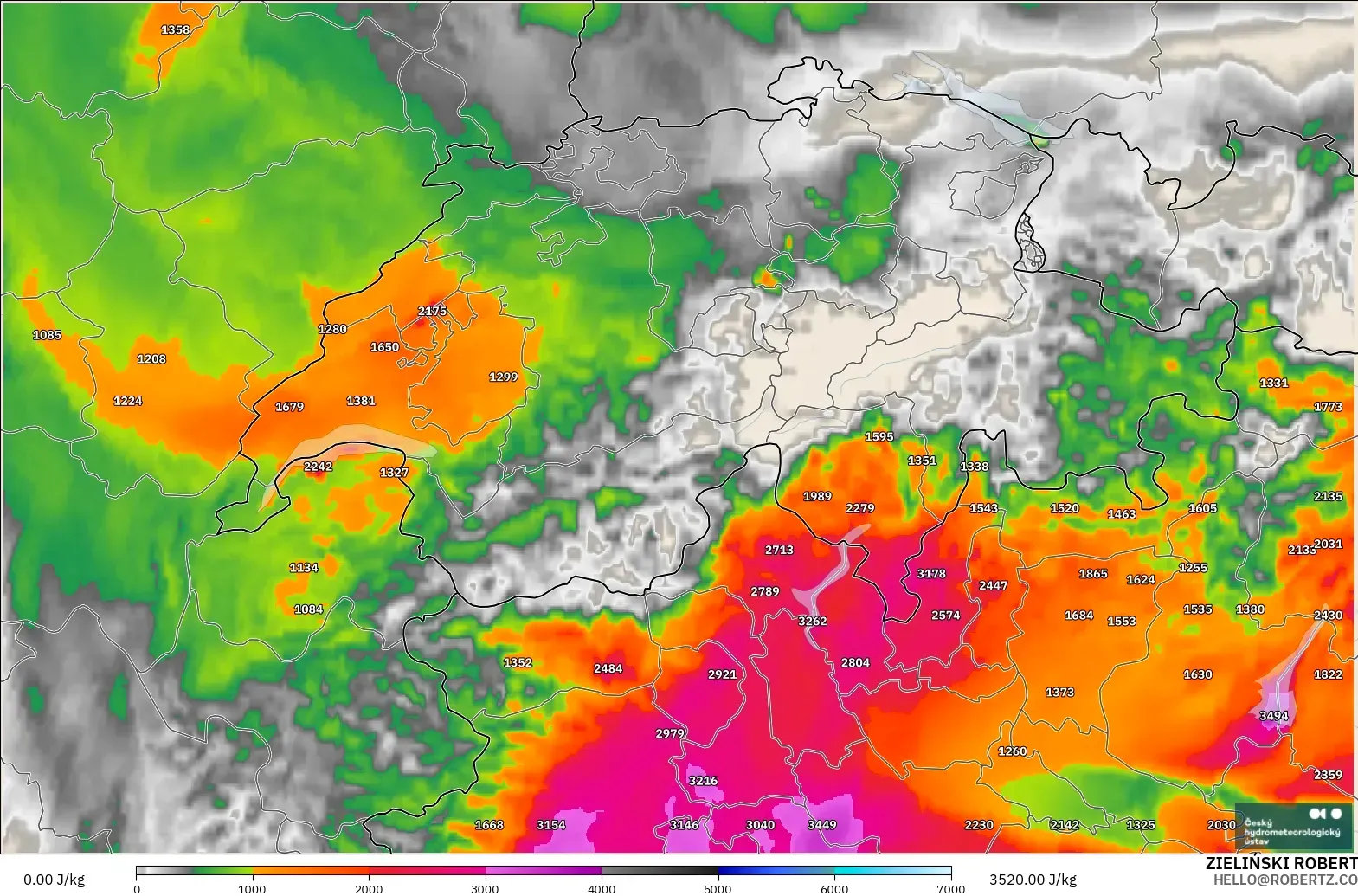 ALADIN CZ 2.3 km model - Switzerland, CAPE