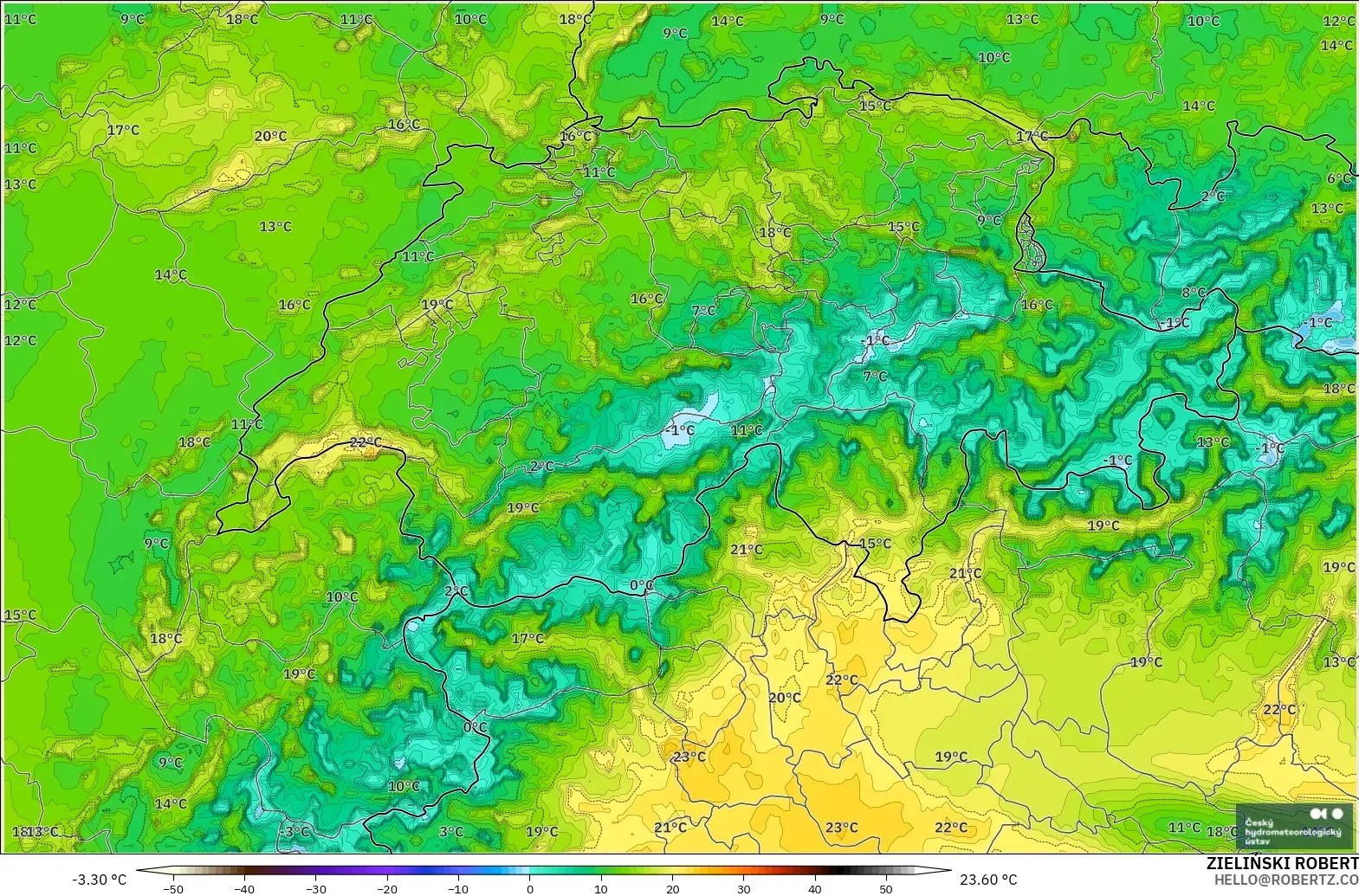 ALADIN CZ 2.3 km model - Switzerland, Dewpoint at 2m