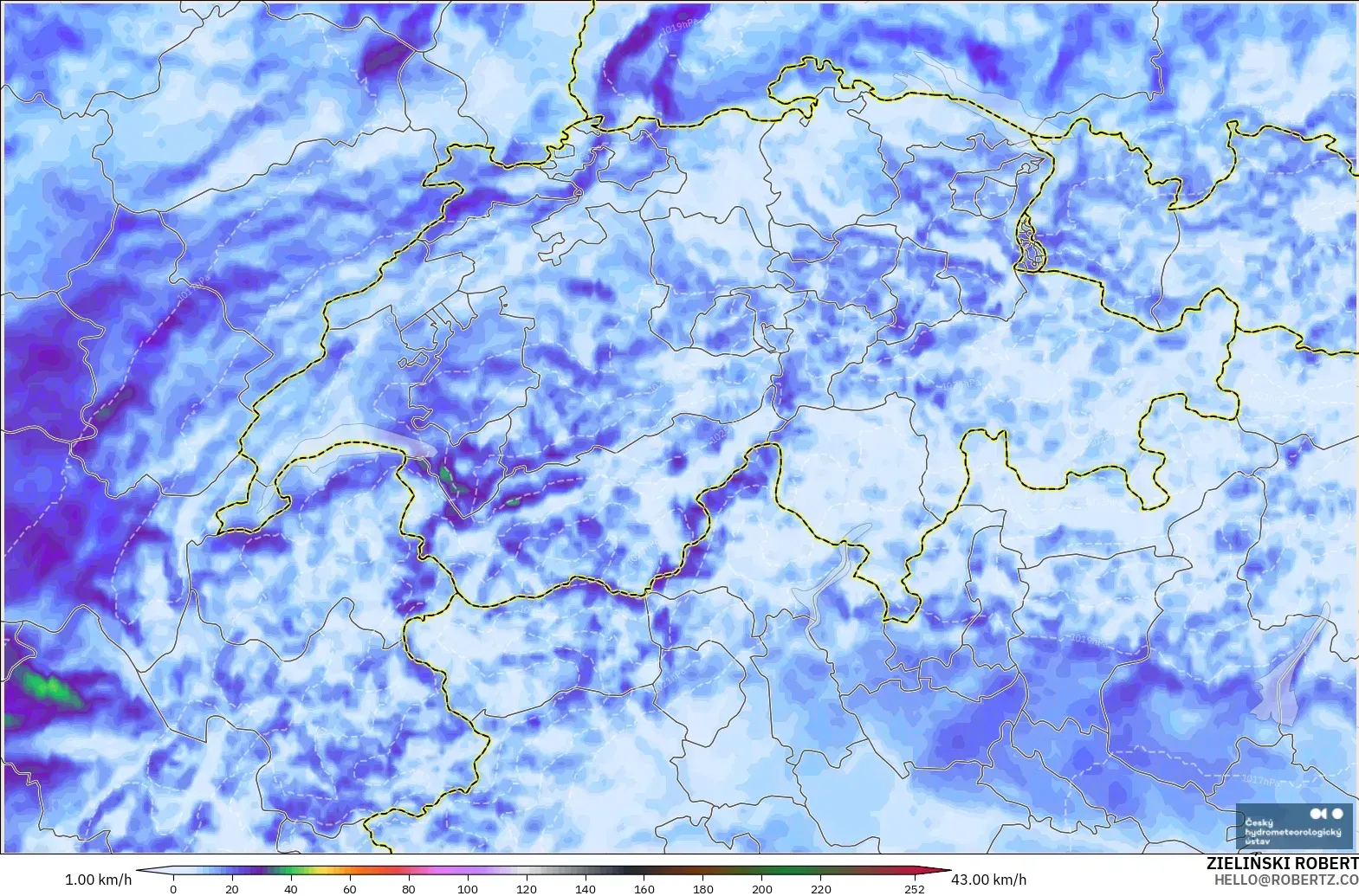 ALADIN CZ 2.3 km model - Switzerland, Wind Gusts Peak