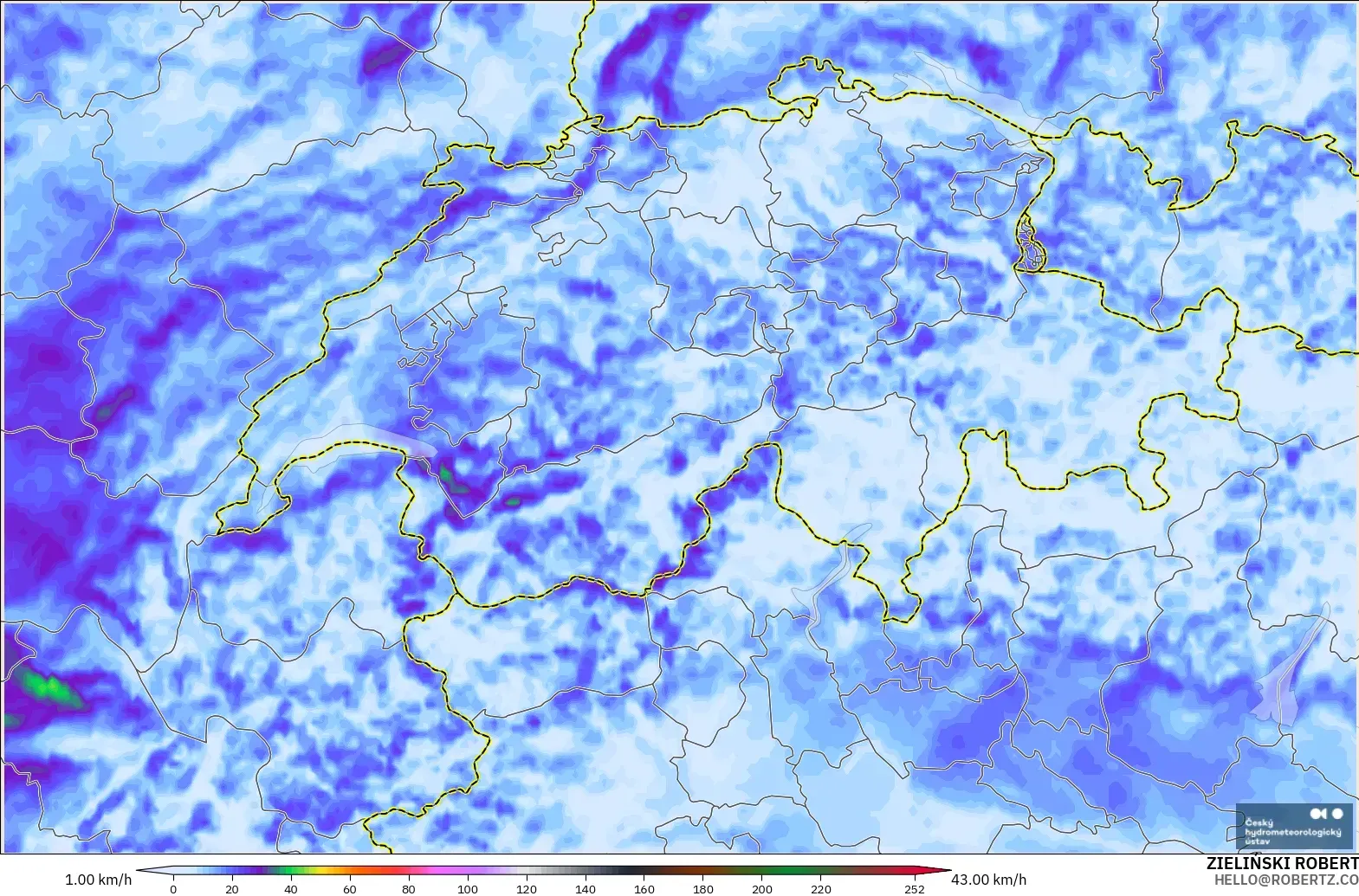 ALADIN CZ 2.3 km model - Switzerland, Wind Gusts