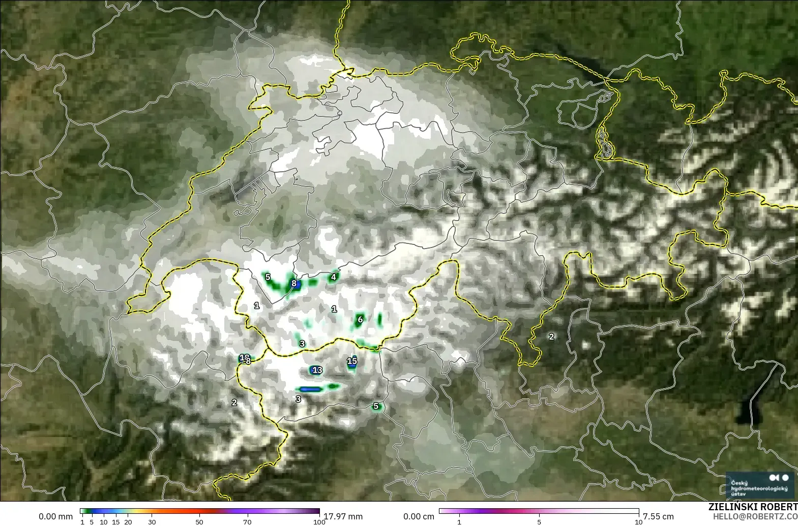 ALADIN CZ 2.3 km model - Switzerland, Precipitation, Clouds, and Pressure