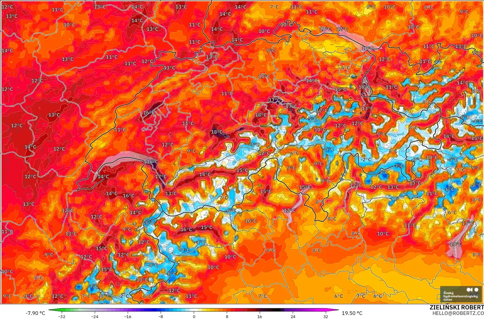ALADIN CZ 2.3 km model - Switzerland, Temperature at 2m Anomaly