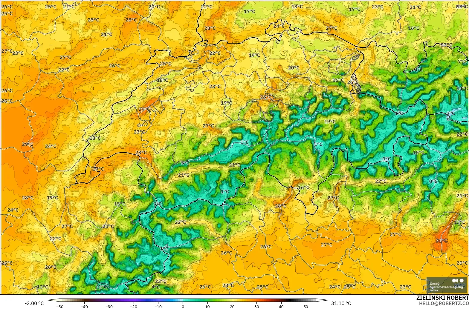 ALADIN CZ 2.3 km model - Switzerland, Temperature at 2m