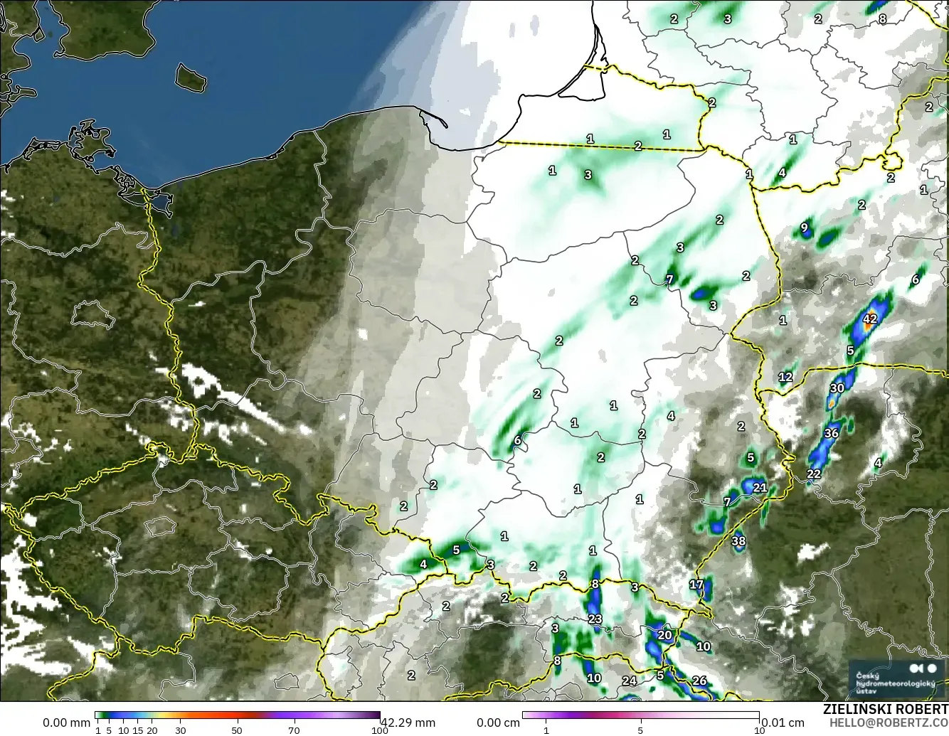 ALADIN CZ 2.3 km model - Poland, Precipitation, Clouds, and Pressure
