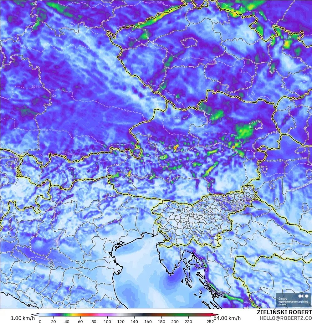 ALADIN CZ 2.3 km model - Austria, Wind Gusts Peak