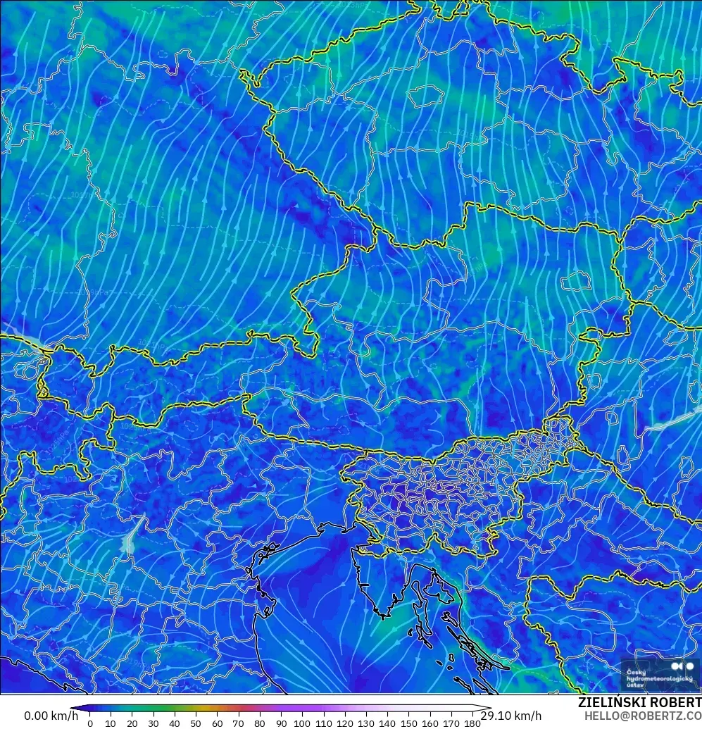 ALADIN CZ 2.3 km model - Austria, Wind at 10m