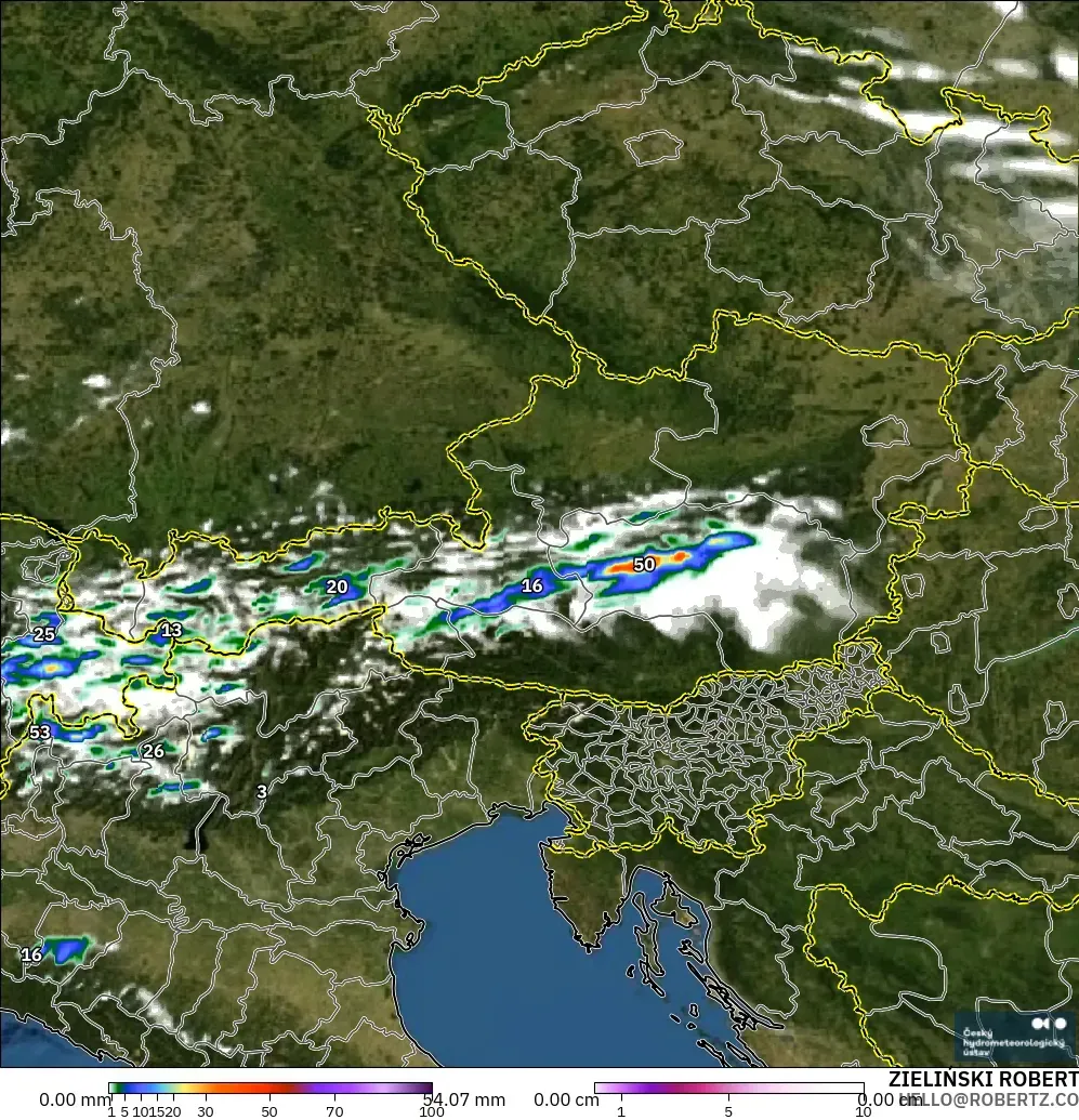 ALADIN CZ 2.3 km model - Austria, Precipitation, Clouds, and Pressure