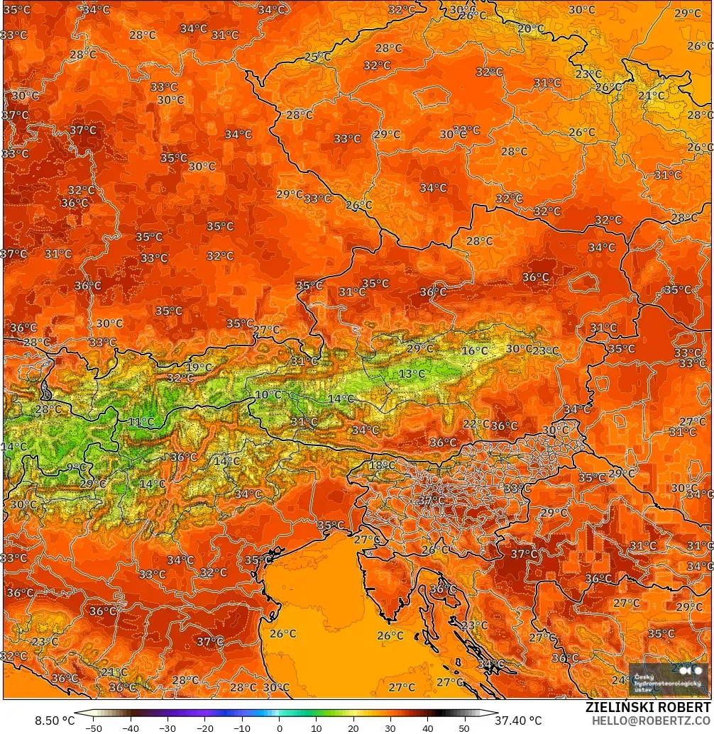 ALADIN CZ 2.3 km model - Austria, Temperature at 2m