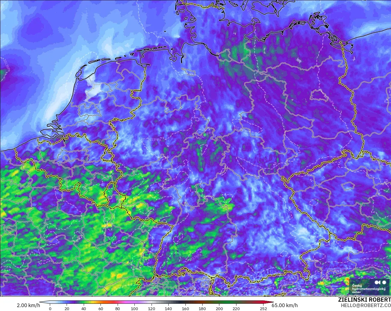 ALADIN CZ 2.3 km model - Germany, Wind Gusts Peak