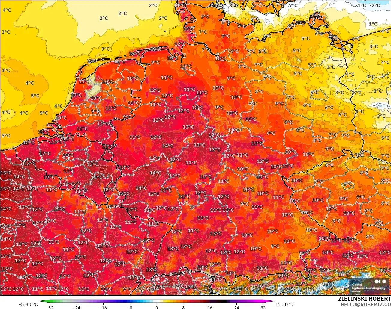 ALADIN CZ 2.3 km model - Germany, Temperature at 2m Anomaly