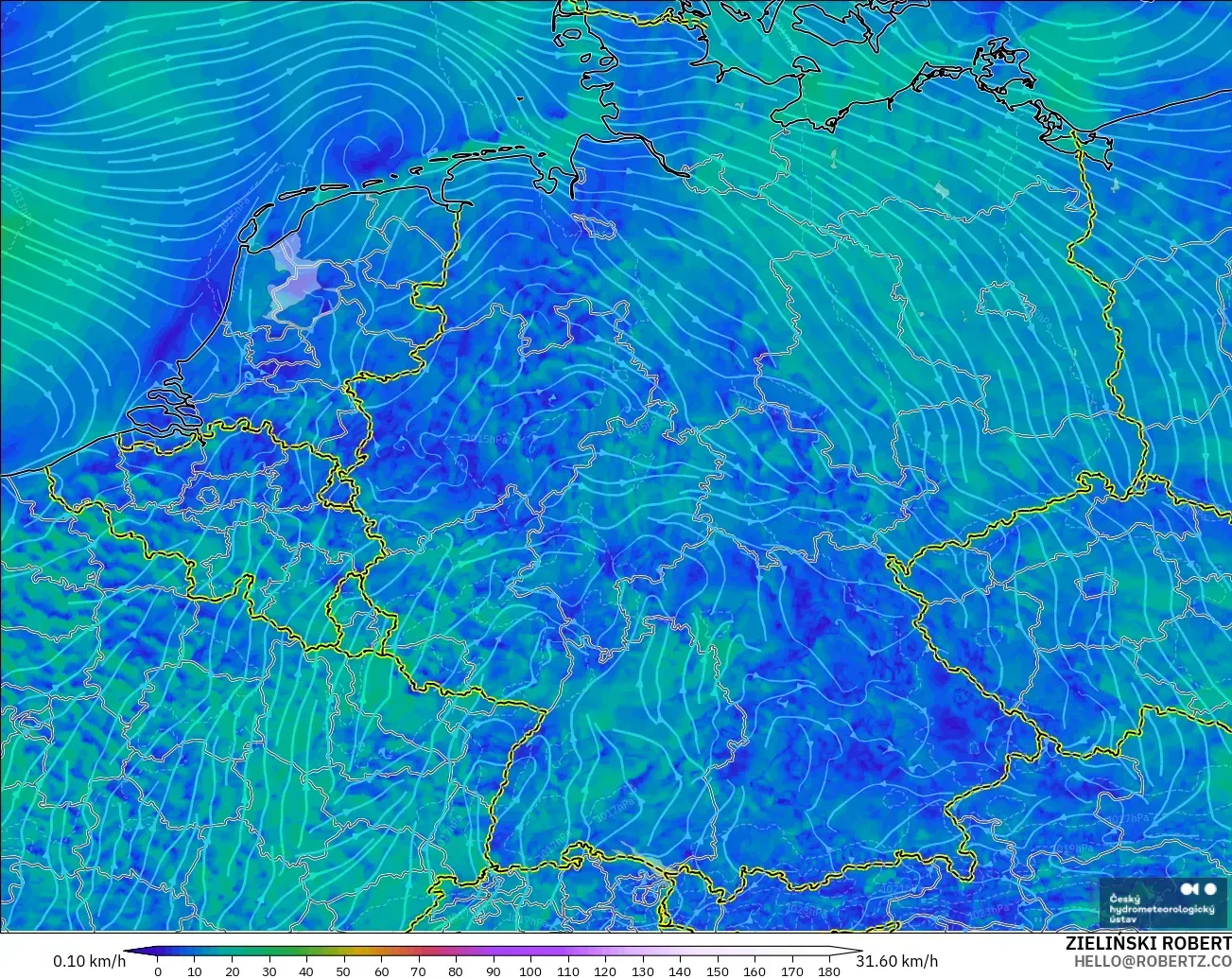 ALADIN CZ 2.3 km model - Germany, Wind at 10m