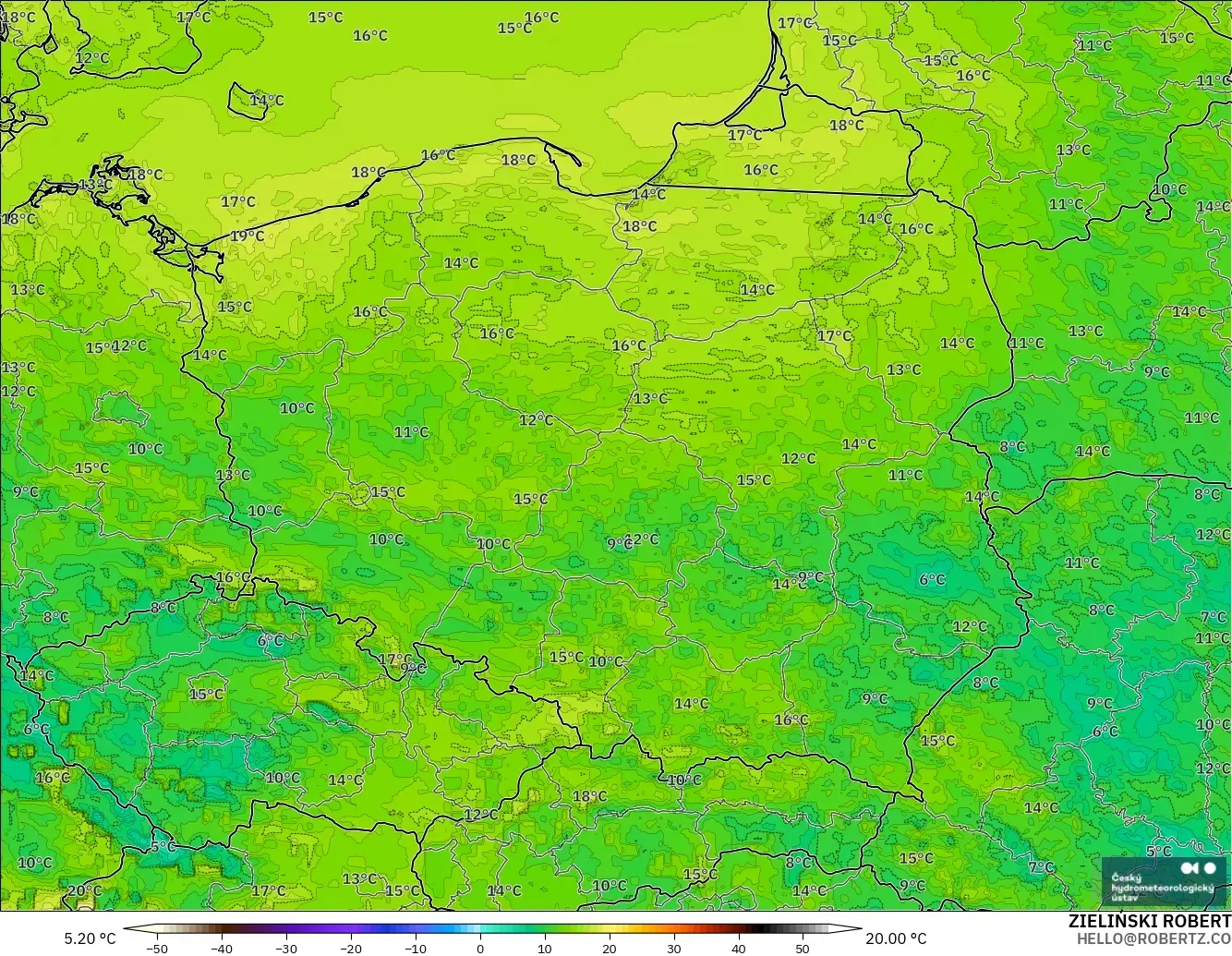 ALADIN CZ 2.3 km model - Poland, Dewpoint at 2m