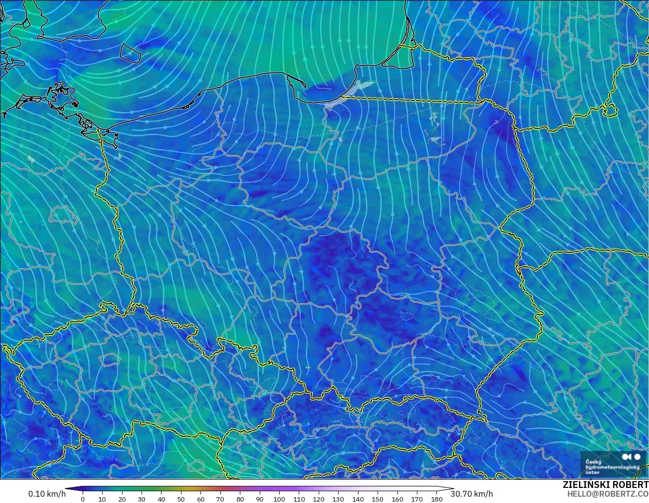 ALADIN CZ 2.3 km model - Poland, Wind at 10m