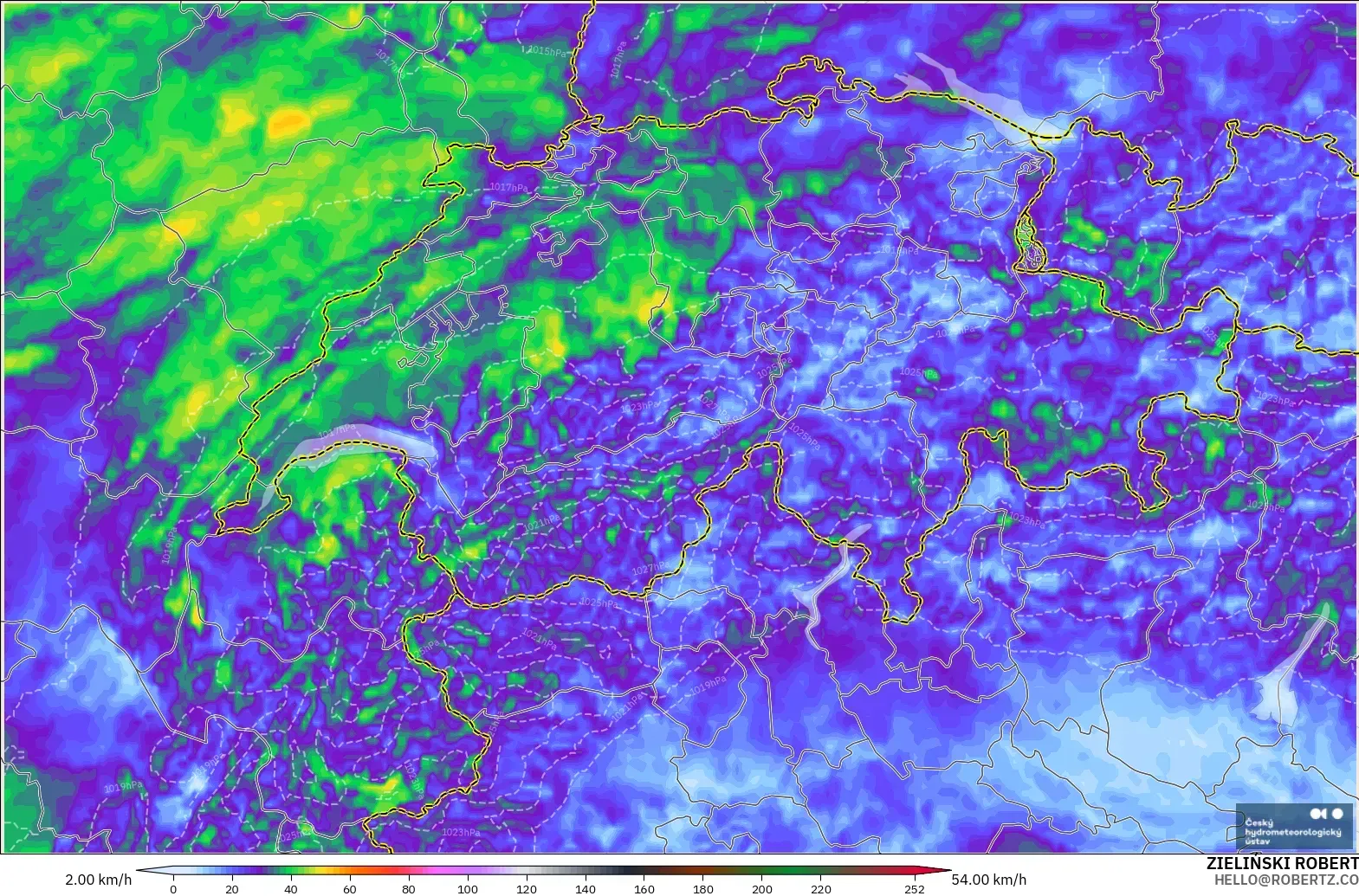 ALADIN CZ 2.3 km model - Switzerland, Wind Gusts Peak