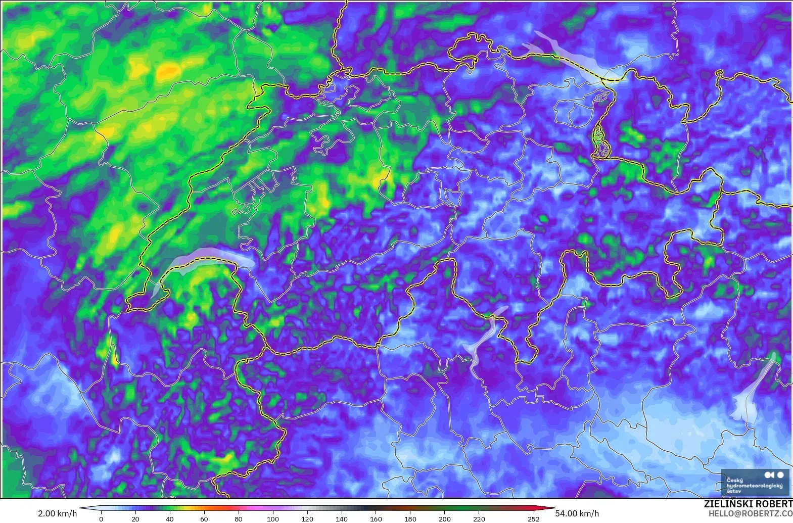 ALADIN CZ 2.3 km model - Switzerland, Wind Gusts