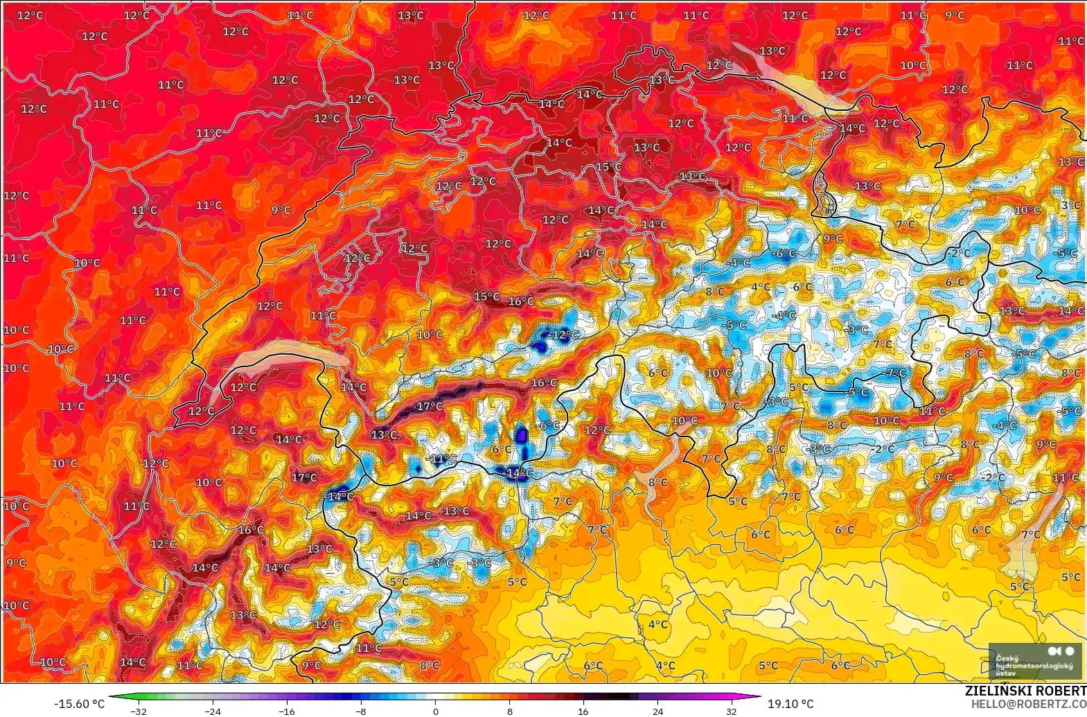 ALADIN CZ 2.3 km model - Switzerland, Temperature at 2m Anomaly