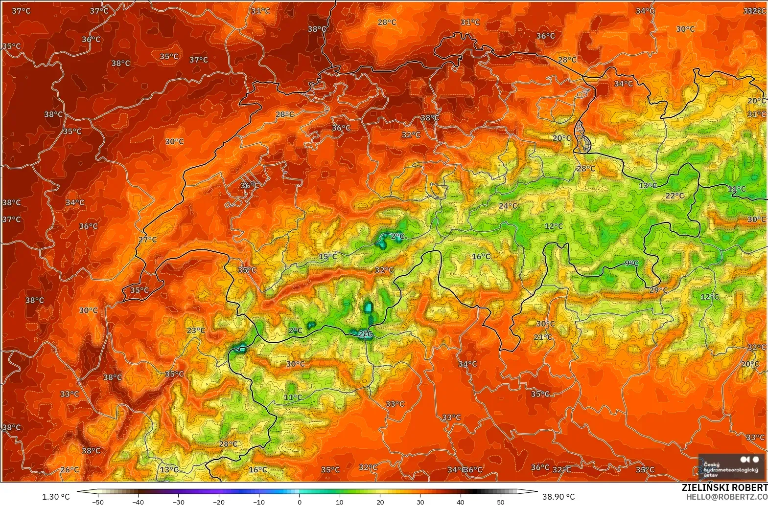 ALADIN CZ 2.3 km model - Switzerland, Temperature at 2m