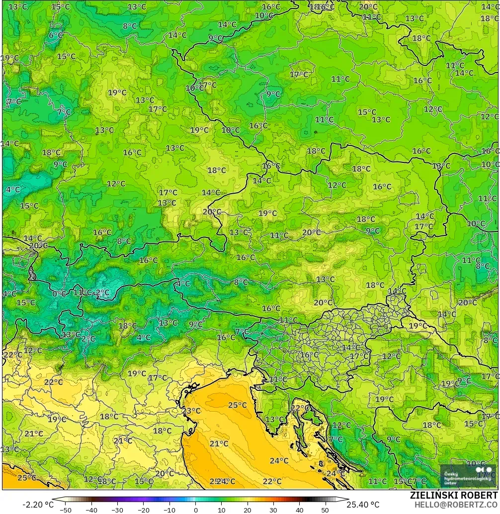 ALADIN CZ 2.3 km model - Austria, Dewpoint at 2m