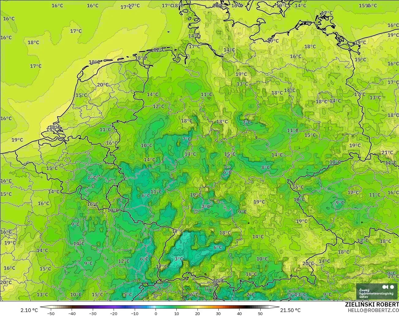 ALADIN CZ 2.3 km model - Germany, Dewpoint at 2m