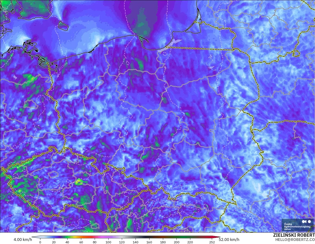 ALADIN CZ 2.3 km model - Poland, Wind Gusts Peak