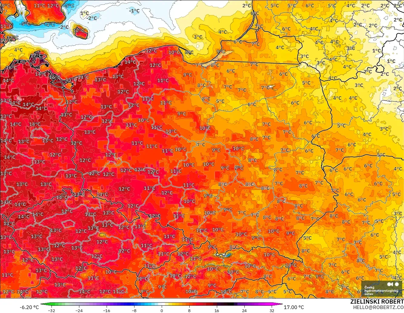 ALADIN CZ 2.3 km model - Poland, Temperature at 2m Anomaly