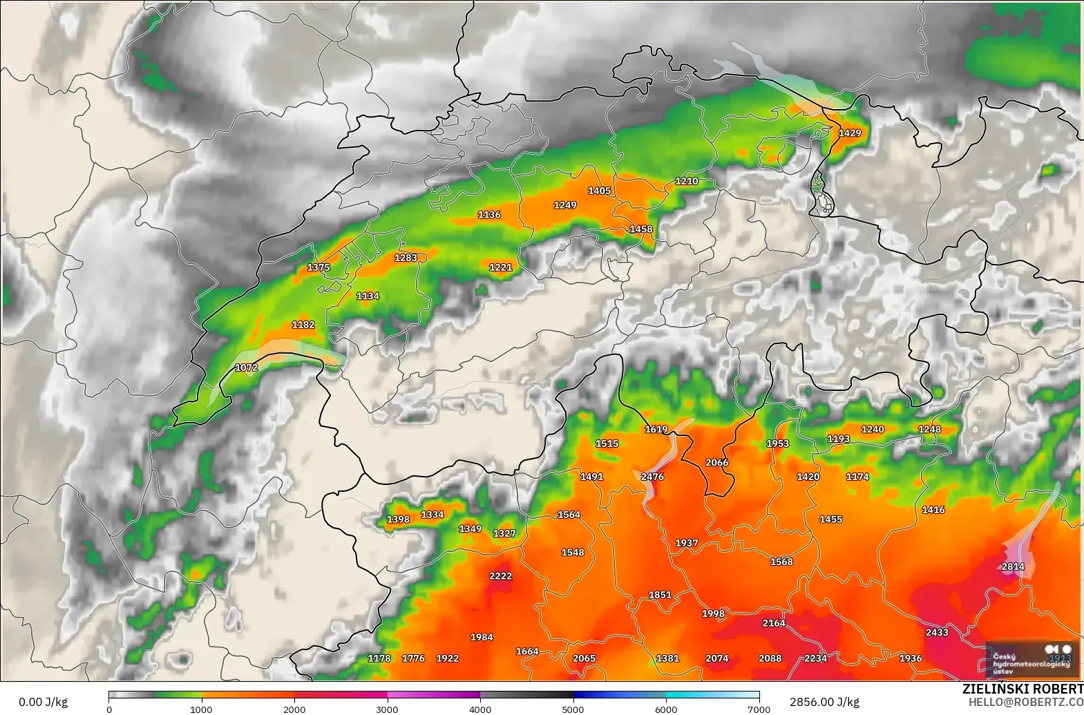 ALADIN CZ 2.3 km model - Switzerland, CAPE
